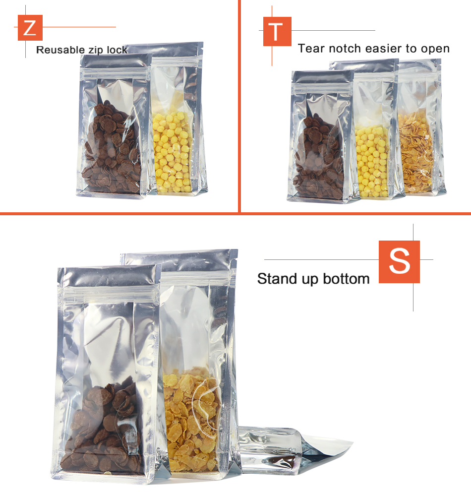 镀铝阴阳透明拉链方底袋产品展示