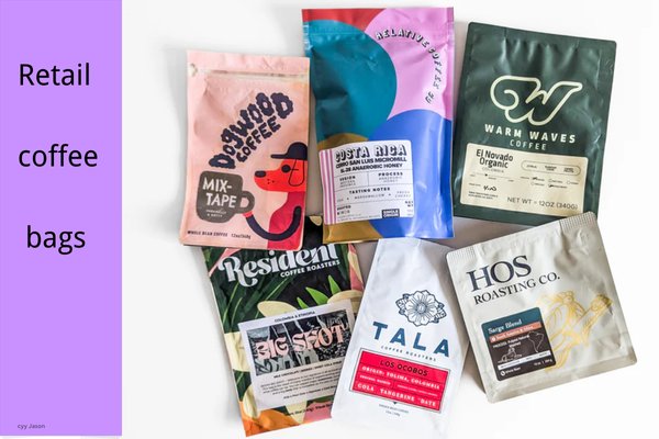 Retail coffee bags designed to preserve freshness – Stand-up pouches with degassing valves for roasted coffee. Retail coffee bags designed to preserve freshness – Stand-up pouches with degassing valves for roasted coffee.