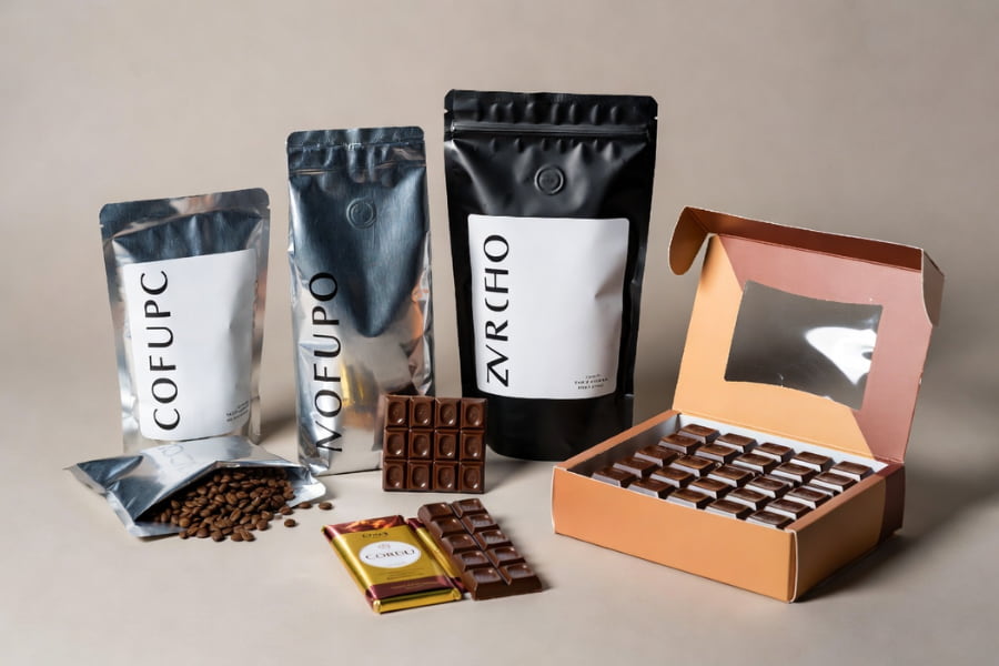 Coffee vs. Chocolate Packaging formats including pouches, bags, and chocolate bar wraps