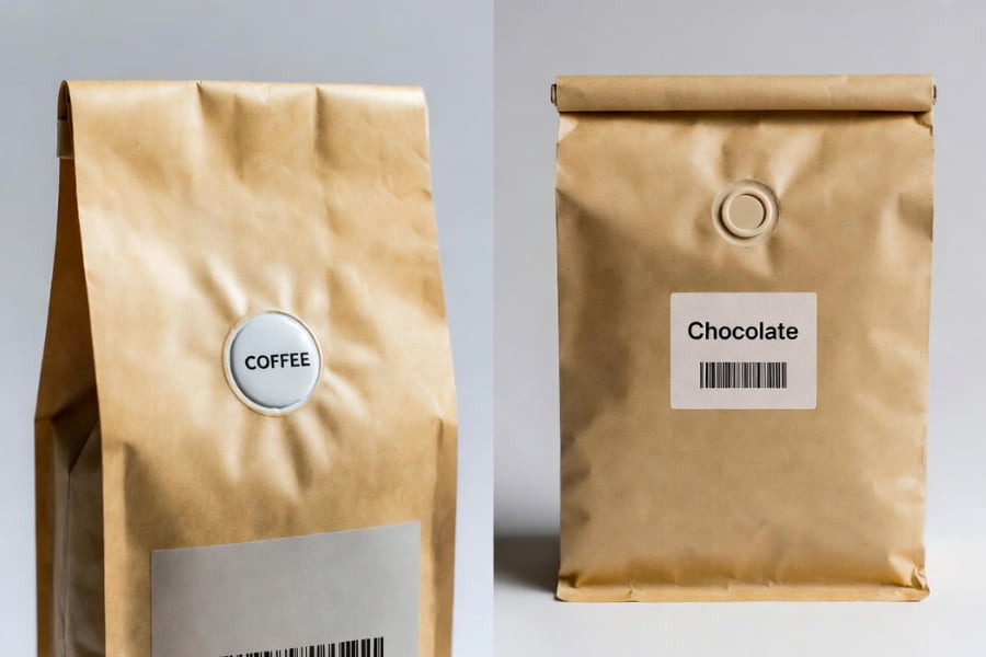 Coffee vs. Chocolate Packaging differences showing degassing valve on coffee bags