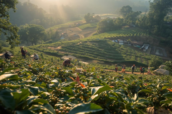 Salvadoran farmers hand-picking coffee cherries in high-altitude farms, ensuring quality.