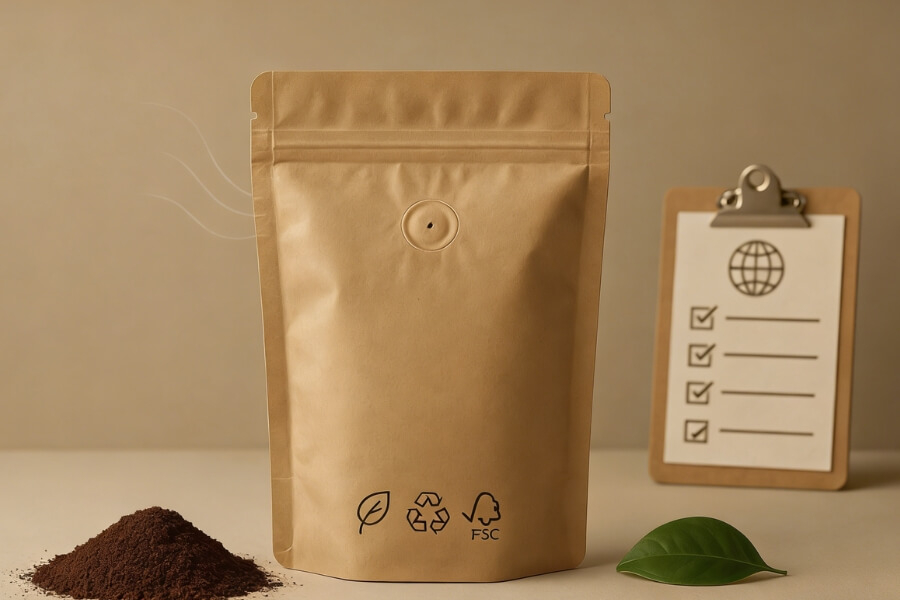 East Coast Coffee Packaging Trends of 2026 showing sustainable stand-up pouches in urban retail environments