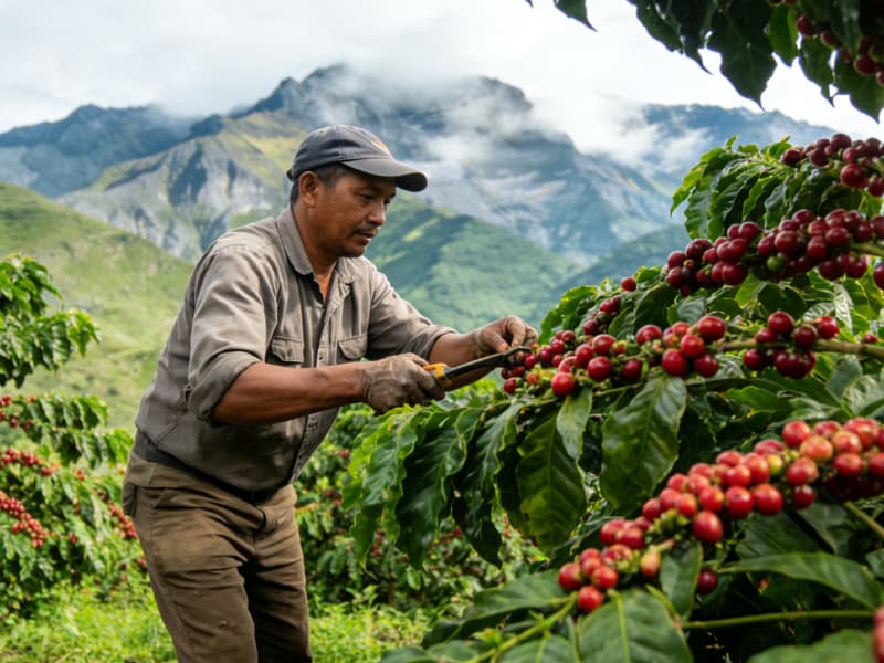 Farmers handpicking organic coffee cherries in Peru, a labor-intensive process ensuring the highest quality beans.