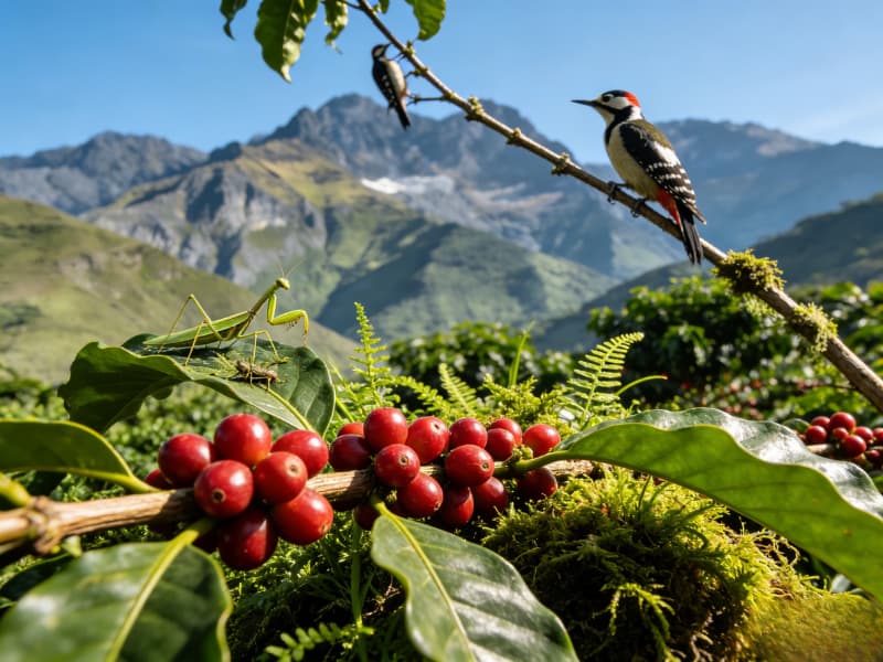 Map highlighting the diverse coffee-growing regions of Peru, from the Andes mountains to the Amazon jungle, known for unique microclimates and rich biodiversity.