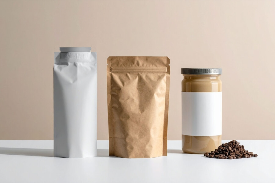 Packaging solutions for dark roast espresso beans, featuring stand-up pouches with degassing valves for optimal freshness.
