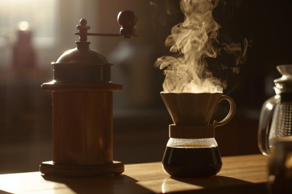 Grinding coffee beans and brewing the perfect cup for fresh flavor extraction