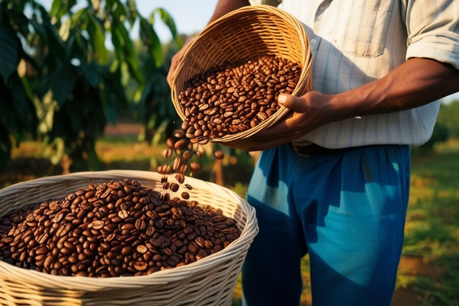 Story-driven coffee packaging showcasing brand values and farm origin.
