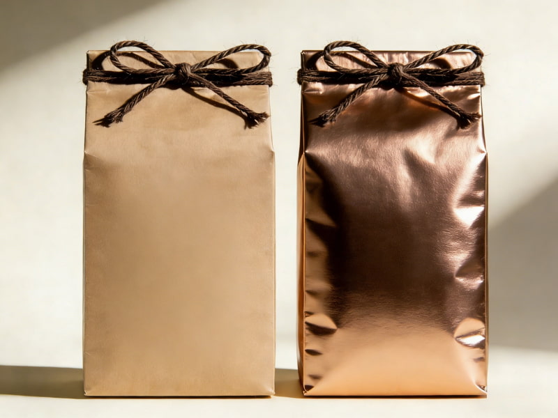 Comparison of matte and glossy coffee packaging, showcasing different textures