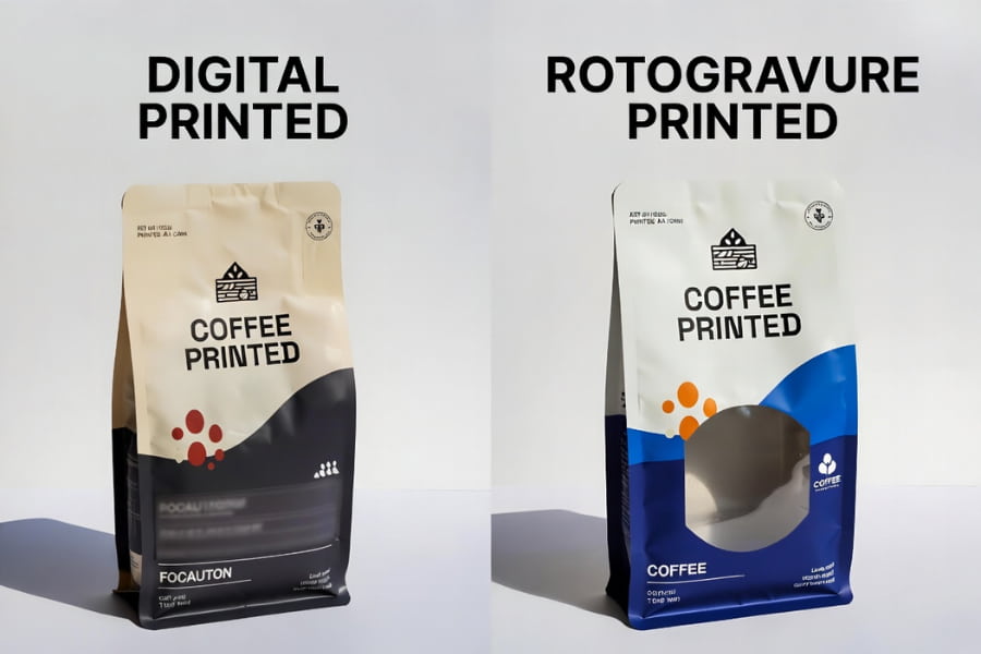 Digital or Rotogravure Printed Coffee Packaging side by side comparison
