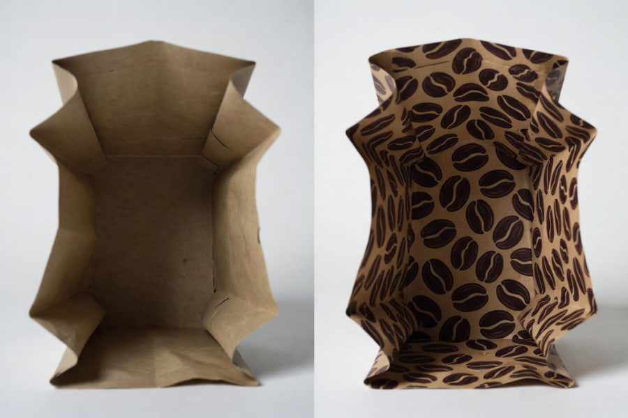 Comparison example used in Coffee Bag Interior Wallpaper Guide showing printed and plain bag interiors