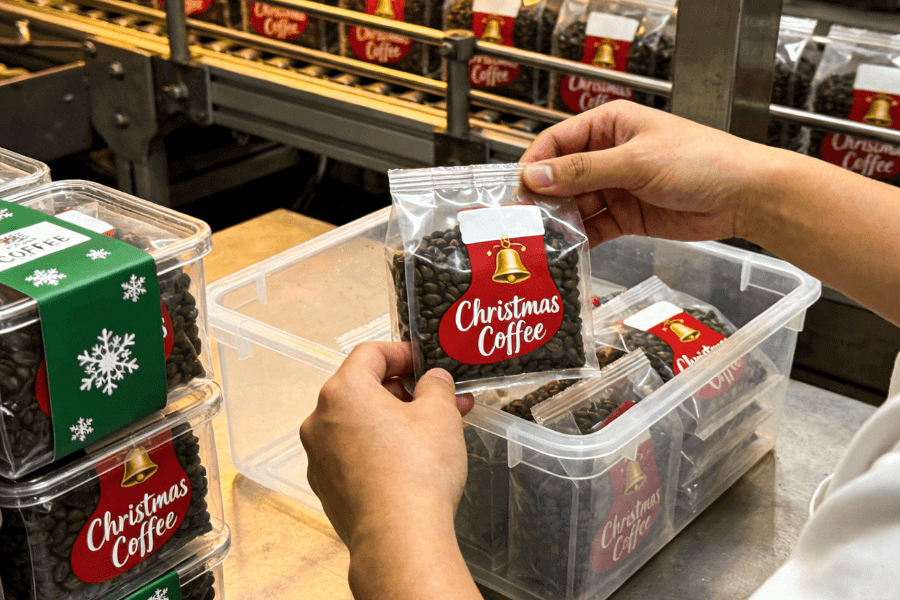 Production process of seasonal coffee packaging, from design to final product.