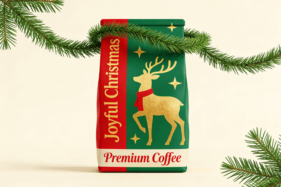 Holiday coffee packaging design with festive colors and seasonal motifs like snowflakes and reindeer.