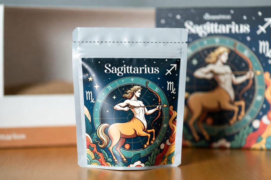 Sagittarius Sample Size Coffee Bag Packaging featuring zodiac themed artwork for seasonal coffee marketing