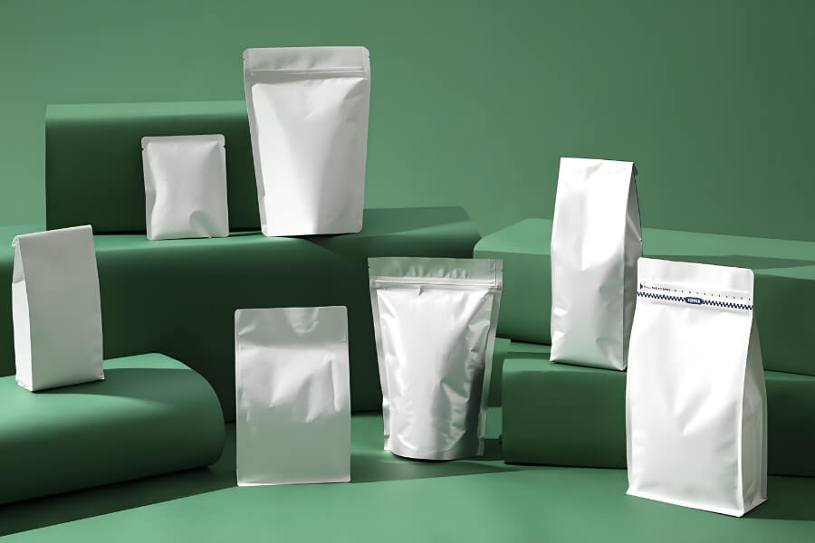 Various custom coffee bags including flat bottom, stand-up pouches, and gusseted bags – ideal for different branding and retail needs.
