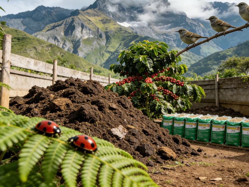 Biodiversity in Peru’s organic coffee farms, with native plants and wildlife thriving under shade-grown coffee trees.