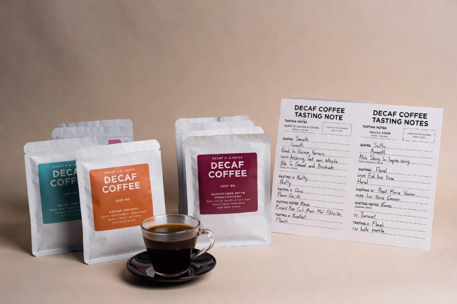 Decaf Revolution Coffee Tasting Kits with sample sizes, tasting notes, and specialty packaging