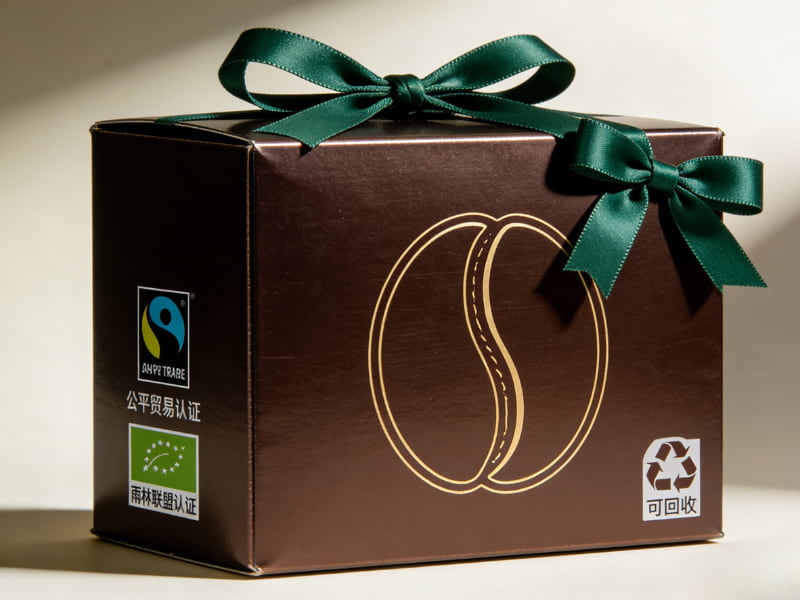 Coffee packaging featuring Fair Trade and Rainforest Alliance certifications, demonstrating how certified packaging builds trust and transparency in the coffee business