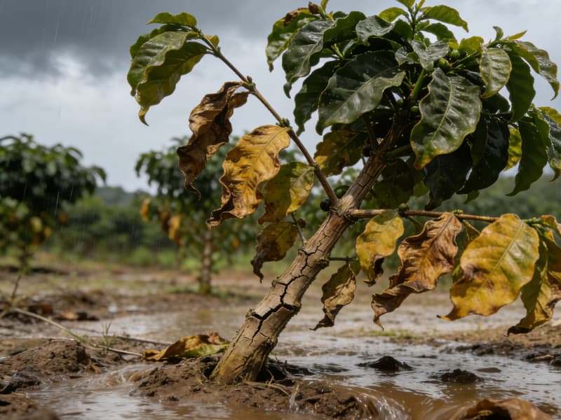Impact of climate change on coffee crops in Peru, showing irregular rainfall patterns and the effects of rising temperatures on coffee quality.