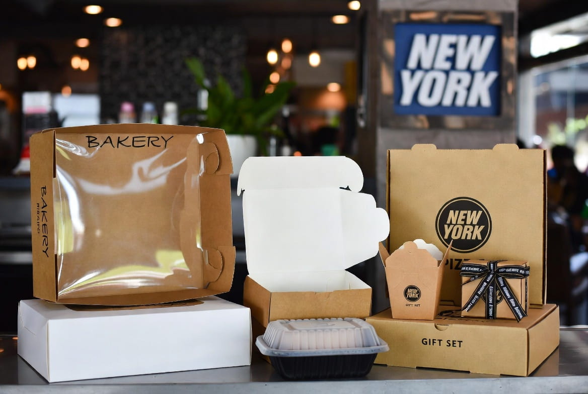 New York Custom Food Packaging Solutions featuring custom boxes for bakery items, takeout meals, and gift sets