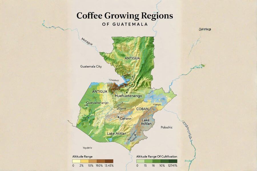 From Harvest to Flavor: The Role of Packaging in Salvadoran Coffee explained alongside a map of Guatemala coffee growing regions and industry landscape