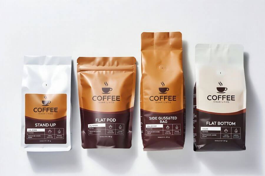 Different types of high quality custom coffee packaging bags for coffee brands including stand up pouch and flat bottom bag