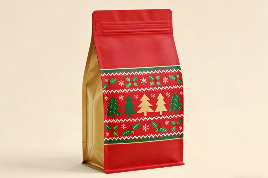 The Gift of Packaging: Why Beautiful Coffee Bags Matter This Christmas with festive red and gold holiday coffee bag designs
