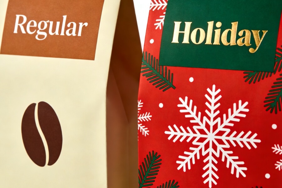 Christmas coffee packaging strategy showing beautiful coffee bags attracting shoppers during holiday sales season
