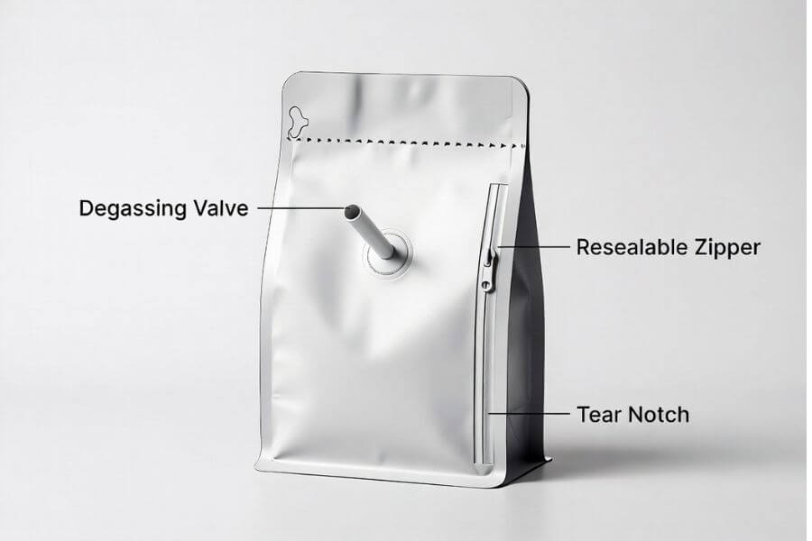 Key features of high quality custom coffee packaging bags for coffee brands including degassing valve zipper and tear notch