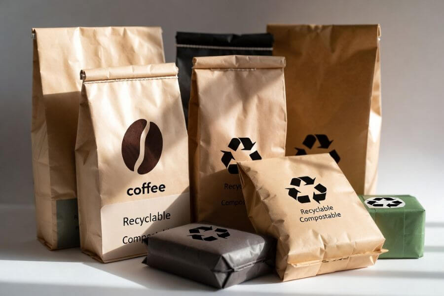 Sustainable high quality custom coffee packaging bags for coffee brands made from recyclable and compostable materials