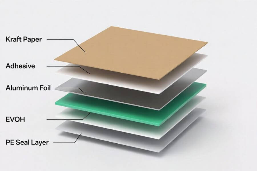 Multilayer materials used in high quality custom coffee packaging bags for coffee brands including kraft aluminum and EVOH barrier
